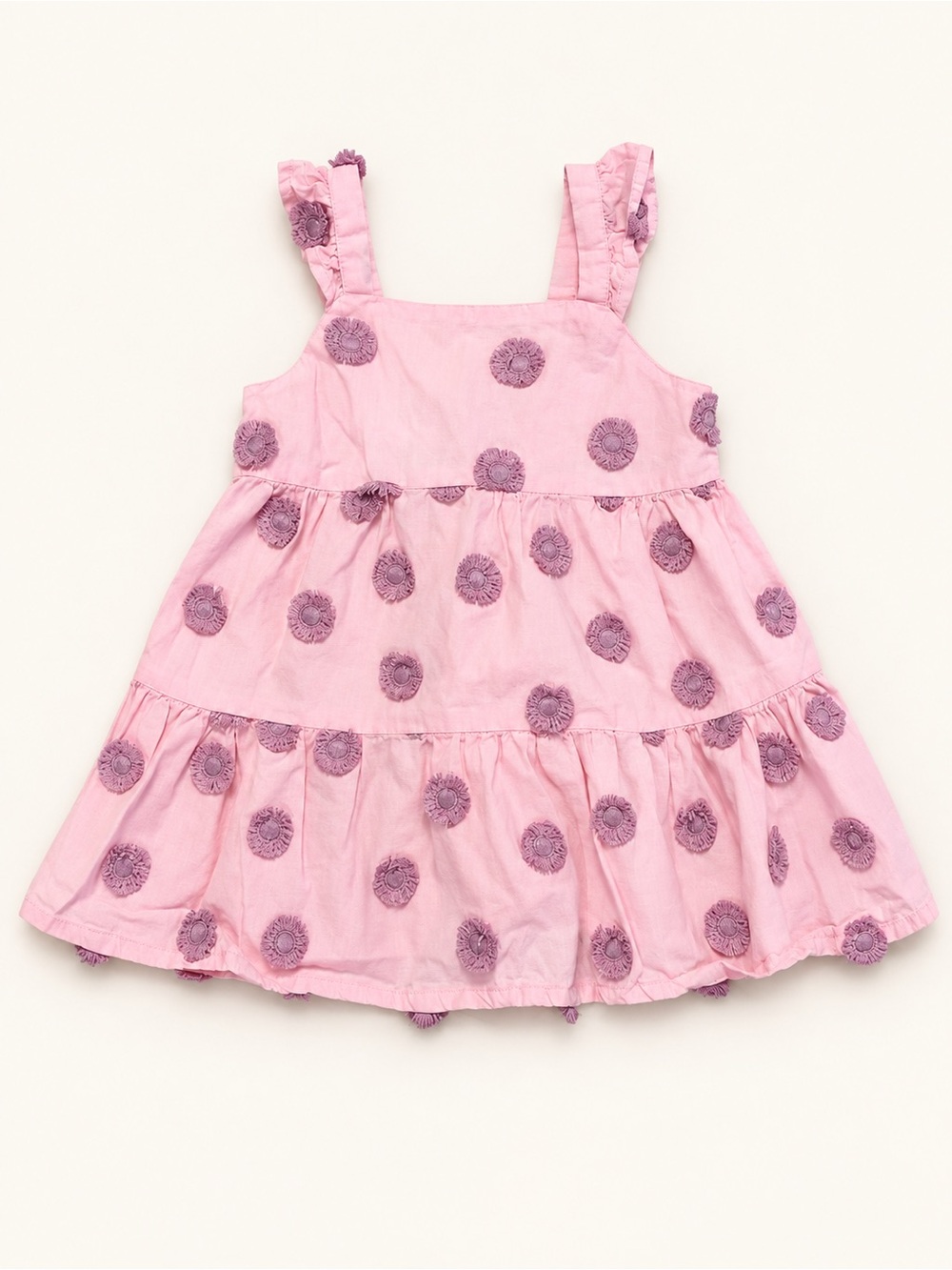 Zara Pink Tiered Sundress with Purple Pom Embellishments